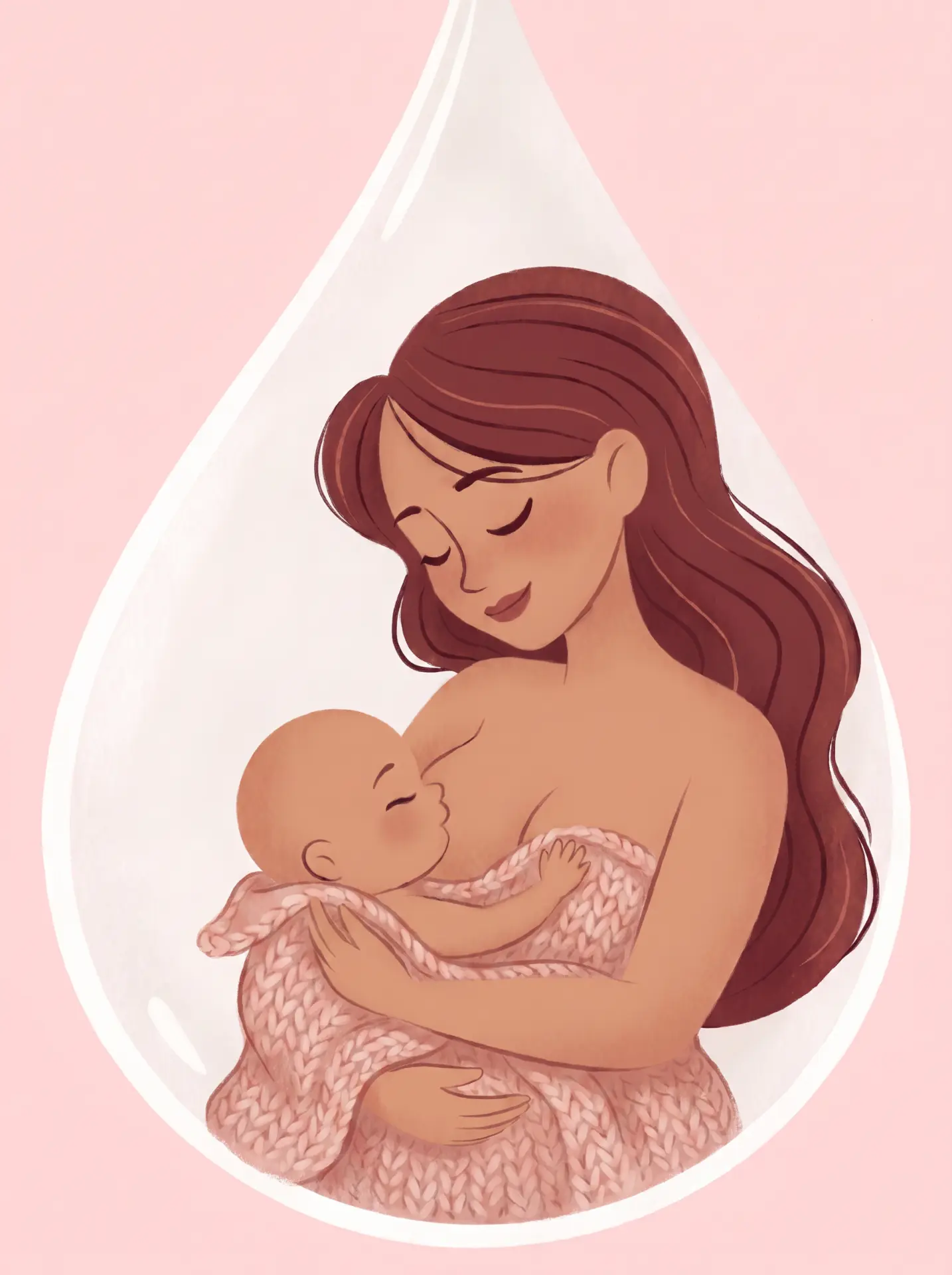 A mother nursing her baby, illustrated inside a tender drop of milk