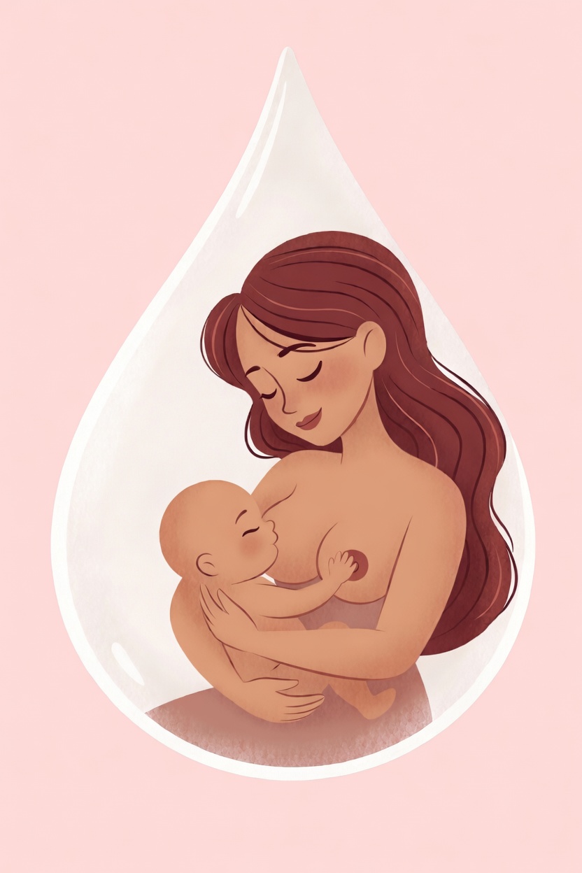 A mother nursing her baby, illustrated inside a tender drop of milk